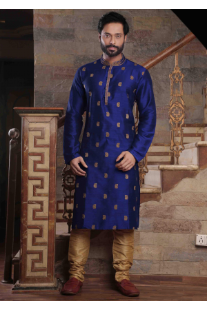 Royal Blue with Gold Color Silk Kurta Set